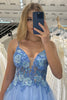 Load image into Gallery viewer, Blue A Line Spaghetti Straps Tulle Long Prom Dress with Appliques