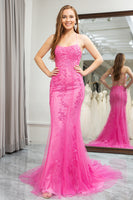 Load image into Gallery viewer, Fuchsia Mermaid Spaghetti Straps Prom Dress with Appliques