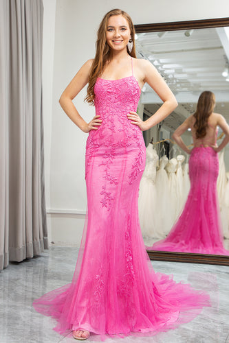 Fuchsia Mermaid Spaghetti Straps Prom Dress with Appliques