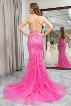 Fuchsia Mermaid Spaghetti Straps Prom Dress with Appliques