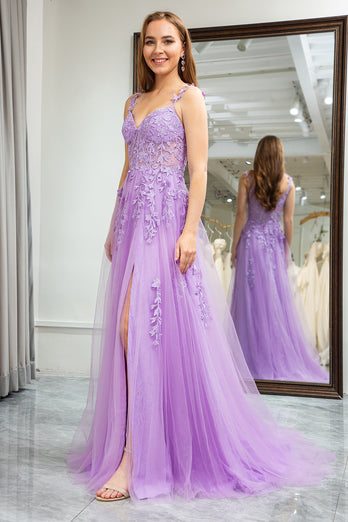 Lilac A-Line Spaghetti Straps Tulle Prom Dress with Appliques