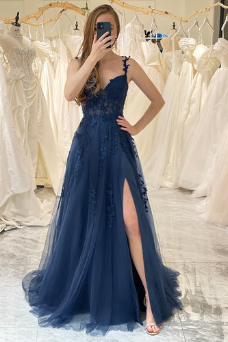 Navy A-Line Spaghetti Straps Tulle Prom Dress with Appliques