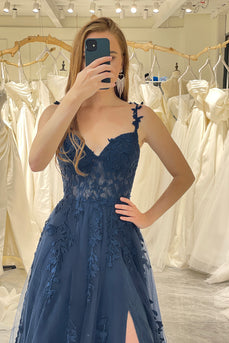 Navy A-Line Spaghetti Straps Tulle Prom Dress with Appliques