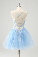 Load image into Gallery viewer, Cute Glitter Blue A Line Sequins Short Homecoming Dress with Appliques
