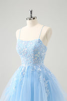 Load image into Gallery viewer, Cute Glitter Blue A Line Sequins Short Homecoming Dress with Appliques
