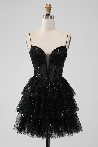 Sparkly Sequins Black A Line Tiered Corset Spaghetti Straps Short Tulle Graduation Dress