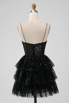 Sparkly Sequins Black A Line Tiered Corset Spaghetti Straps Short Tulle Graduation Dress