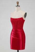 Load image into Gallery viewer, Red Corset Strapless Short Graduation Dress with Appliques