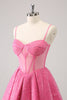 Load image into Gallery viewer, Pink A-Line Spaghetti Straps Corset Cocktail Dress with Sequins