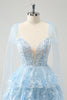 Load image into Gallery viewer, Glitter Blue A Line Embroidery Tiered Homecoming Dress with Appliques