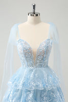 Load image into Gallery viewer, Glitter Blue A Line Embroidery Tiered Homecoming Dress with Appliques