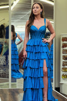 Load image into Gallery viewer, Sparkly Beaded Black Silver A Line Corset Tiered Prom Dress