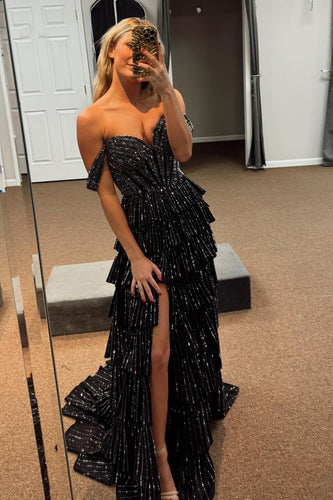 Sparkly Beaded Black Silver A Line Corset Tiered Prom Dress