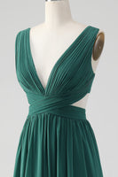 Load image into Gallery viewer, Dark Green A Line Chiffon Long Bridesmaid Dress with Lace Up Back