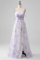 Load image into Gallery viewer, Lavender Flower Spaghetti Straps A Line Long Bridesmaid Dress with Slit