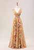 Load image into Gallery viewer, Yellow Small Flower A Line V Neck Pleated Ruffles Wedding Guest Dress