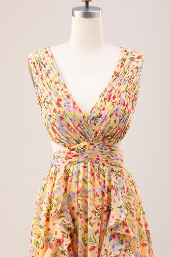Yellow Small Flower A Line V Neck Pleated Ruffles Wedding Guest Dress