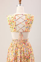 Load image into Gallery viewer, Yellow Small Flower A Line V Neck Pleated Ruffles Wedding Guest Dress