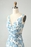 Load image into Gallery viewer, White Blue Flower A Line Ruffled High-Low Wedding Guest Dress