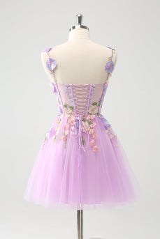 Purple A Line Halter Flowers Tulle Short Homecoming Dress