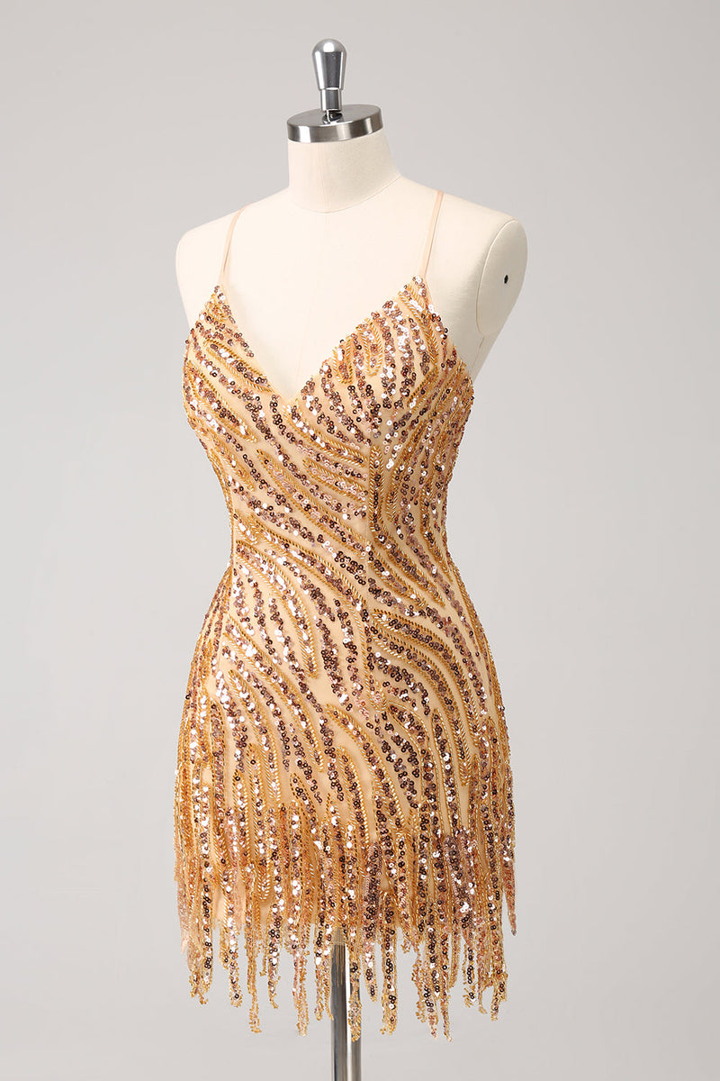 Load image into Gallery viewer, Sparkly Hot Pink Tight Sequins V Neck Homecoming Dress with Fringes
