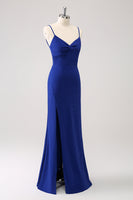 Load image into Gallery viewer, Dark Blue Sparkly Twist Front Mermaid Wedding Guest Dress with Slit