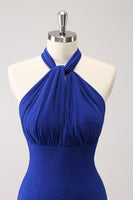 Load image into Gallery viewer, Glitter Blue Halter Bodycon Mermaid Bridesmaid Dress