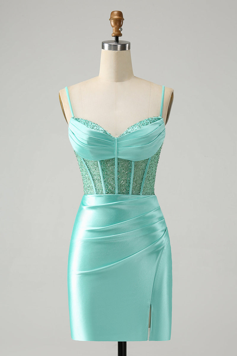 Load image into Gallery viewer, Golden Spaghetti Straps Bodycon Corset Satin Homecoming Dress with Slit