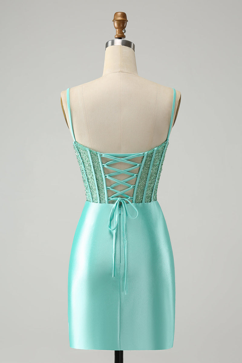 Load image into Gallery viewer, Golden Spaghetti Straps Bodycon Corset Satin Homecoming Dress with Slit