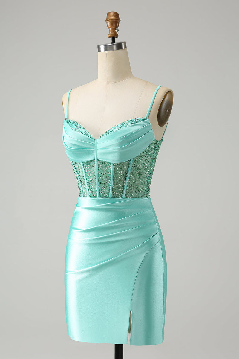 Load image into Gallery viewer, Golden Spaghetti Straps Bodycon Corset Satin Homecoming Dress with Slit