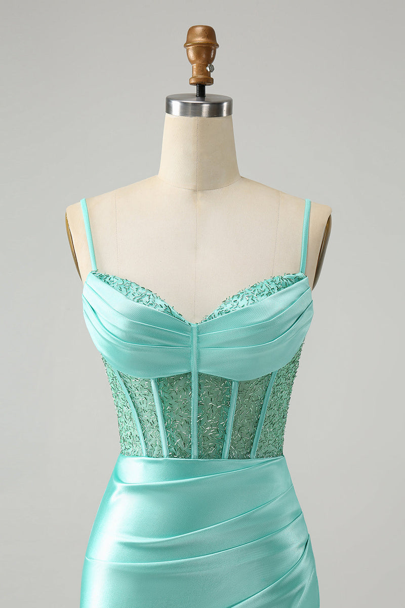 Load image into Gallery viewer, Golden Spaghetti Straps Bodycon Corset Satin Homecoming Dress with Slit
