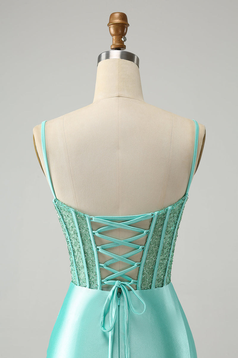 Load image into Gallery viewer, Golden Spaghetti Straps Bodycon Corset Satin Homecoming Dress with Slit
