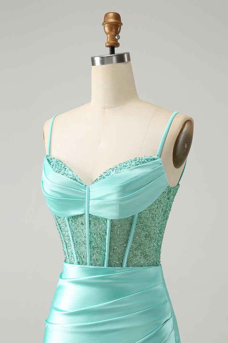 Load image into Gallery viewer, Golden Spaghetti Straps Bodycon Corset Satin Homecoming Dress with Slit