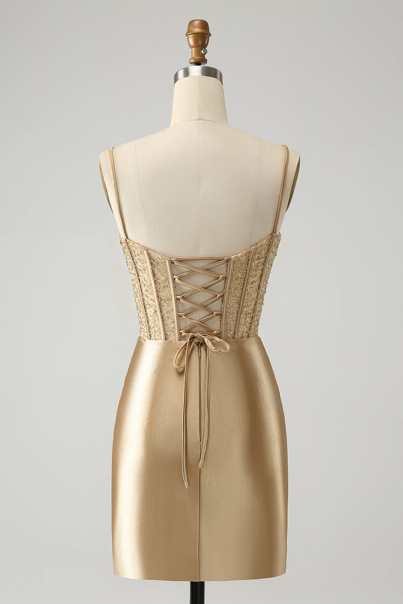Load image into Gallery viewer, Golden Spaghetti Straps Bodycon Corset Satin Homecoming Dress with Slit