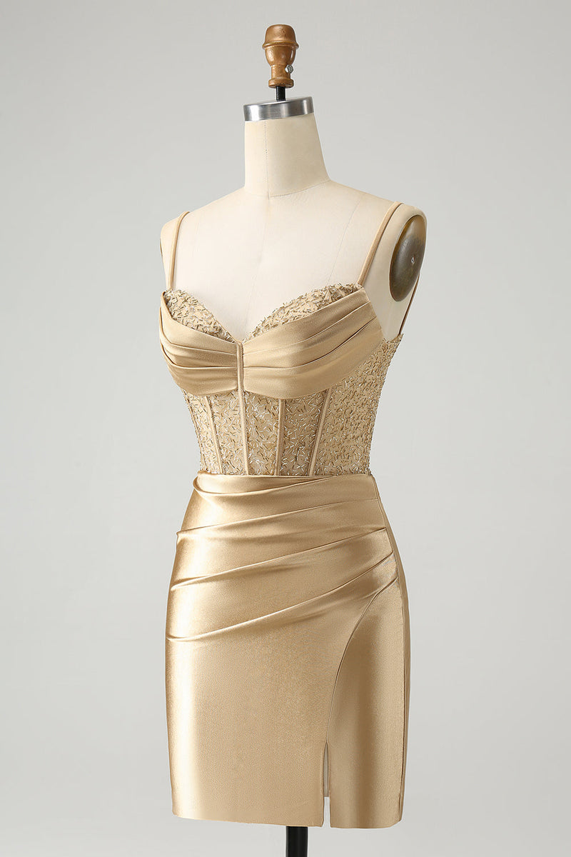 Load image into Gallery viewer, Golden Spaghetti Straps Bodycon Corset Satin Homecoming Dress with Slit
