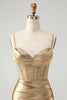 Load image into Gallery viewer, Golden Spaghetti Straps Bodycon Corset Satin Homecoming Dress with Slit