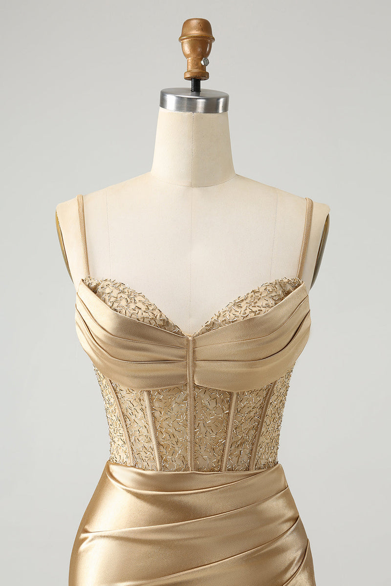Load image into Gallery viewer, Golden Spaghetti Straps Bodycon Corset Satin Homecoming Dress with Slit