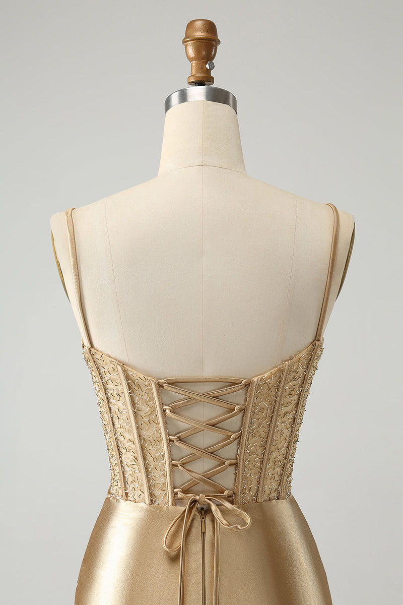 Load image into Gallery viewer, Golden Spaghetti Straps Bodycon Corset Satin Homecoming Dress with Slit