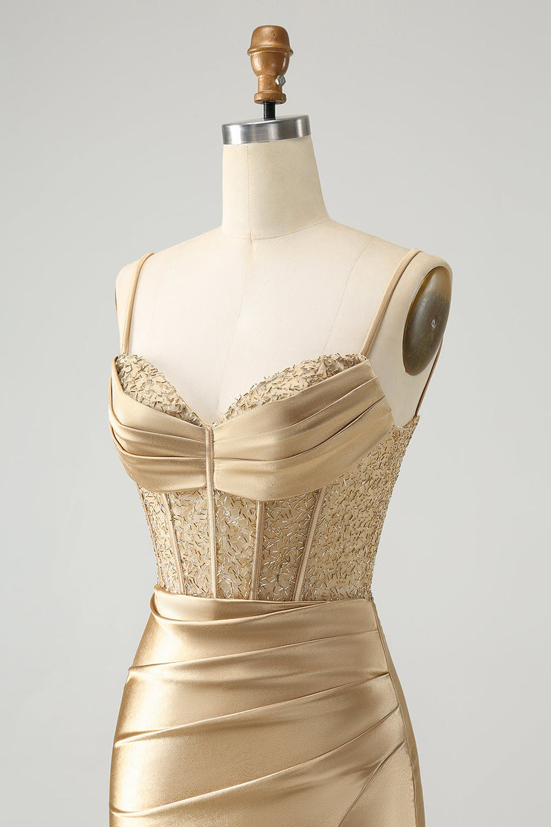 Load image into Gallery viewer, Golden Spaghetti Straps Bodycon Corset Satin Homecoming Dress with Slit