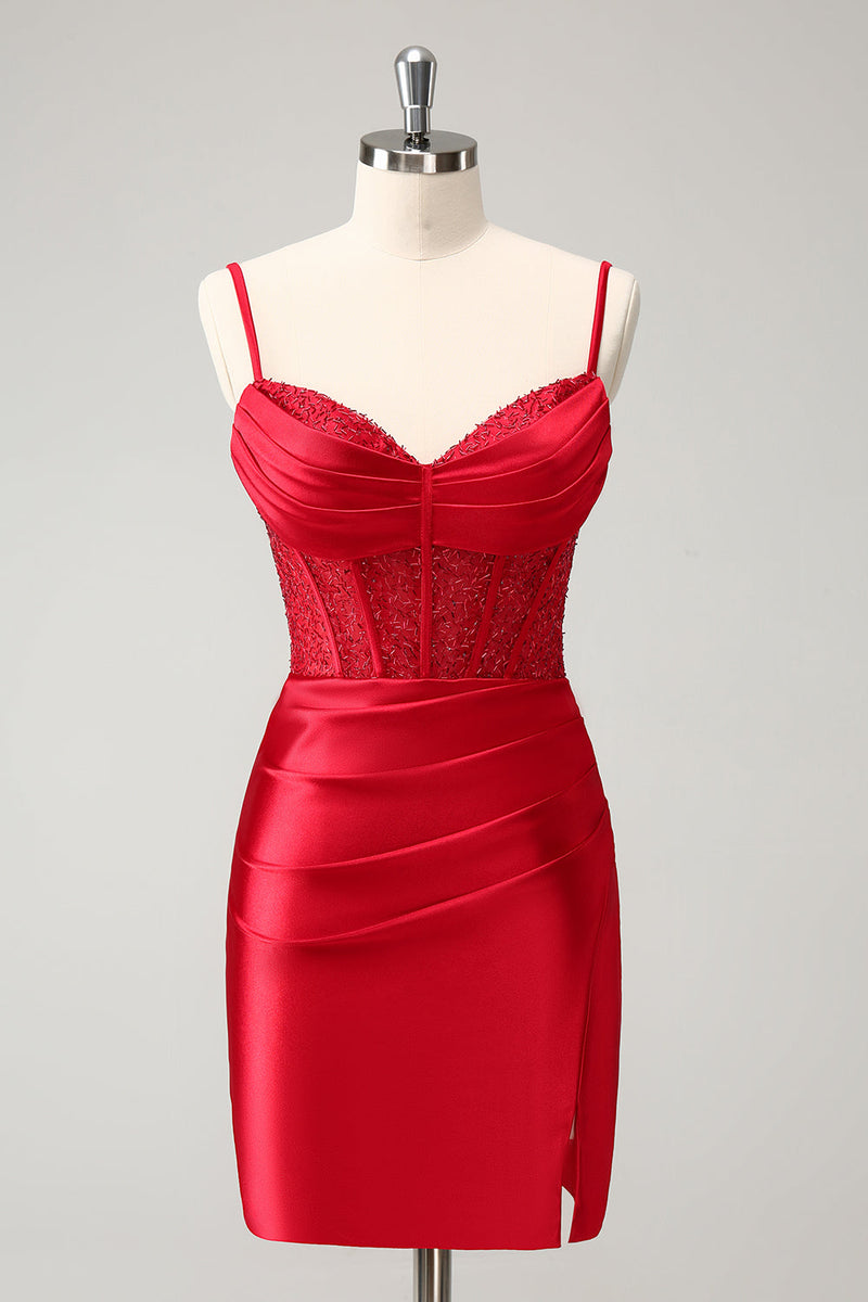 Load image into Gallery viewer, Golden Spaghetti Straps Bodycon Corset Satin Homecoming Dress with Slit