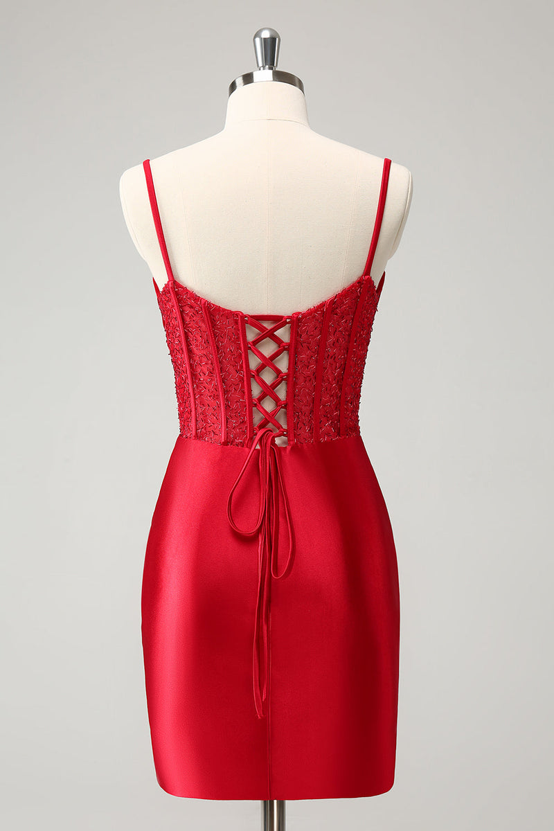 Load image into Gallery viewer, Golden Spaghetti Straps Bodycon Corset Satin Homecoming Dress with Slit