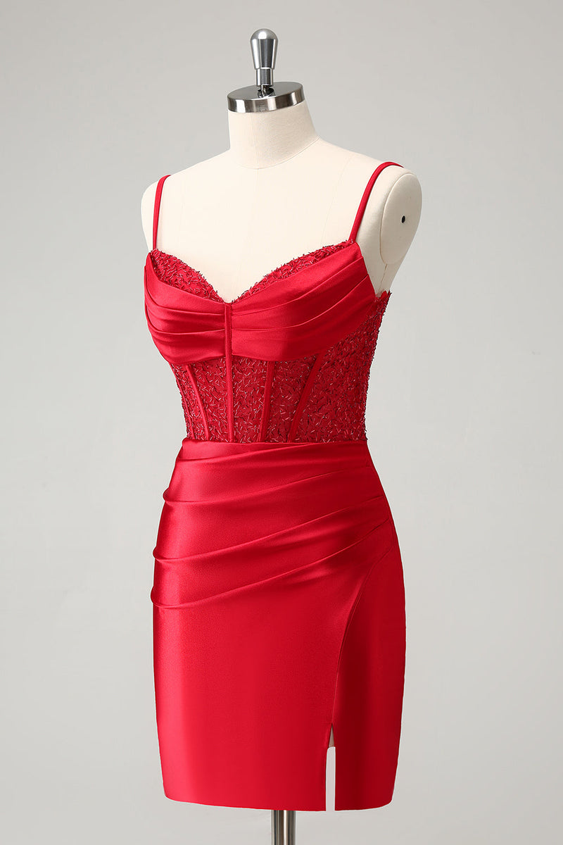 Load image into Gallery viewer, Golden Spaghetti Straps Bodycon Corset Satin Homecoming Dress with Slit