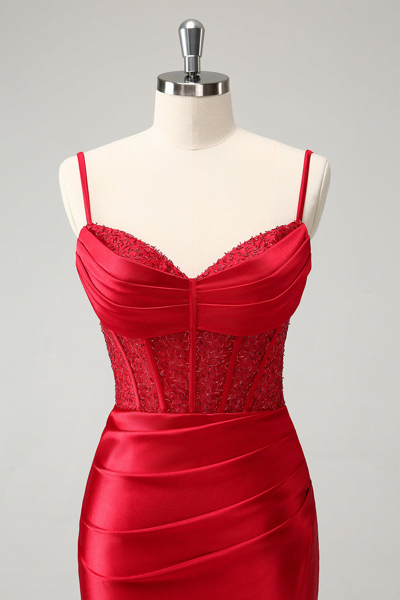 Load image into Gallery viewer, Golden Spaghetti Straps Bodycon Corset Satin Homecoming Dress with Slit