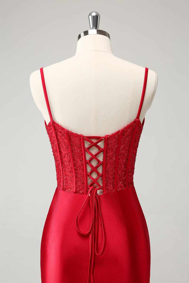Load image into Gallery viewer, Golden Spaghetti Straps Bodycon Corset Satin Homecoming Dress with Slit
