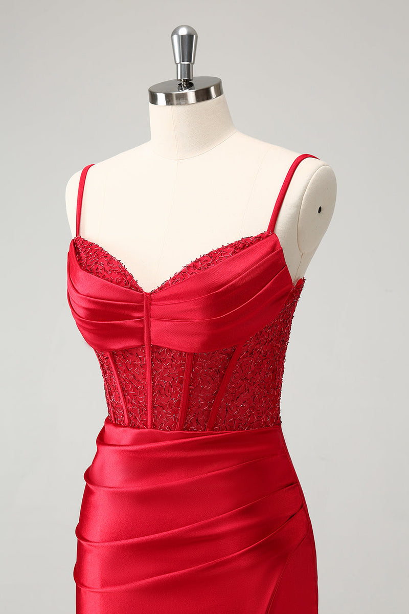 Load image into Gallery viewer, Golden Spaghetti Straps Bodycon Corset Satin Homecoming Dress with Slit
