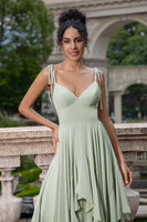 Load image into Gallery viewer, Matcha A Line Spaghetti Straps Long Bridesmaid Dress with Ruffles