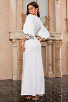 Load image into Gallery viewer, White Mermaid V Neck Long Prom Dress with Puff Sleeves