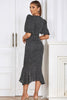 Load image into Gallery viewer, Black Bodycon V Neck Polka Dot Ruched Formal Dress with Puff Sleeves
