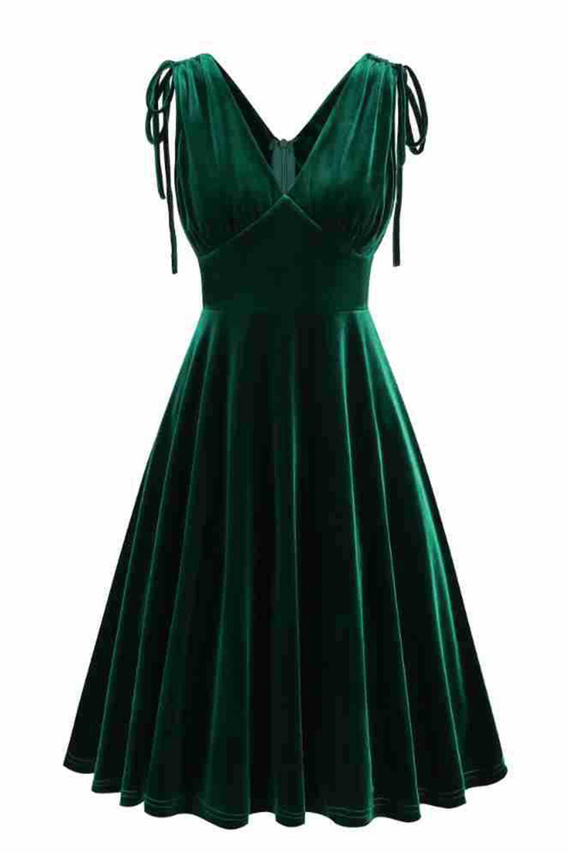 Load image into Gallery viewer, Dark Green A Line V Neck Sleeveless Short Vintage Dress