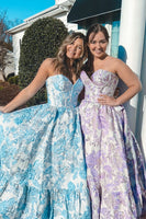 Load image into Gallery viewer, Chic Blue Corset Floral Sweetheart A Line Long Prom Dress